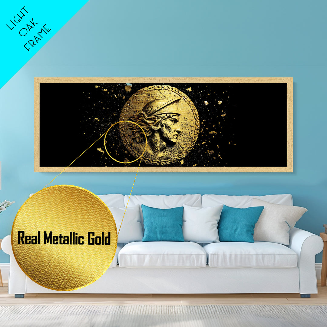 Ancient Greek Coin Relief Portrait, Historical Mythology Metallic Gold Metal Print, Classical Wall Art, Real Wood Frame