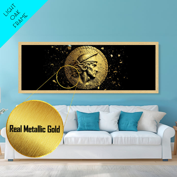 Ancient Greek Coin Relief Portrait, Historical Mythology Metallic Gold Metal Print, Classical Wall Art, Real Wood Frame