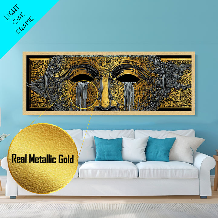 Mythical Golden Mask Illustration, Surreal Greek Inspired Metallic Gold Metal Print, Fantasy Wall Art, Real Wood Frame