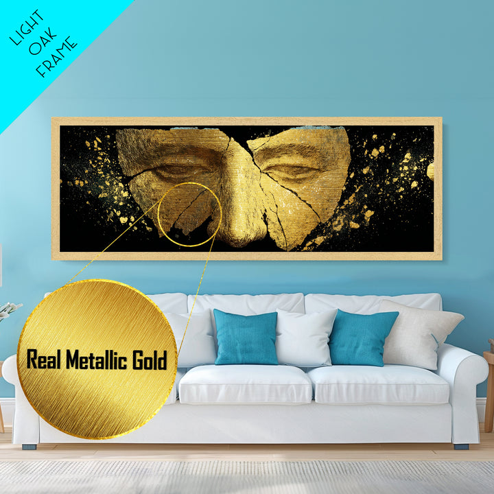 Cracked Ancient Golden Mask, Mythological Relic Metallic Gold Metal Print, Unique Fantasy Wall Art, Real Wood Frame