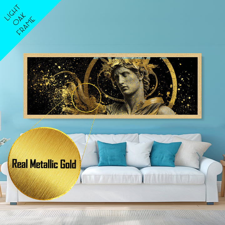 Apollo Bust With Golden Halo, Ancient Greek God Metallic Gold Metal Print, Mythology Sculpture Wall Art, Real Wood Frame