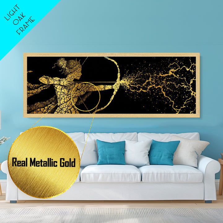 Artemis Golden Archer Illustration, Ancient Greek Goddess Metallic Gold Metal Print, Mythology Wall Art, Real Wood Frame