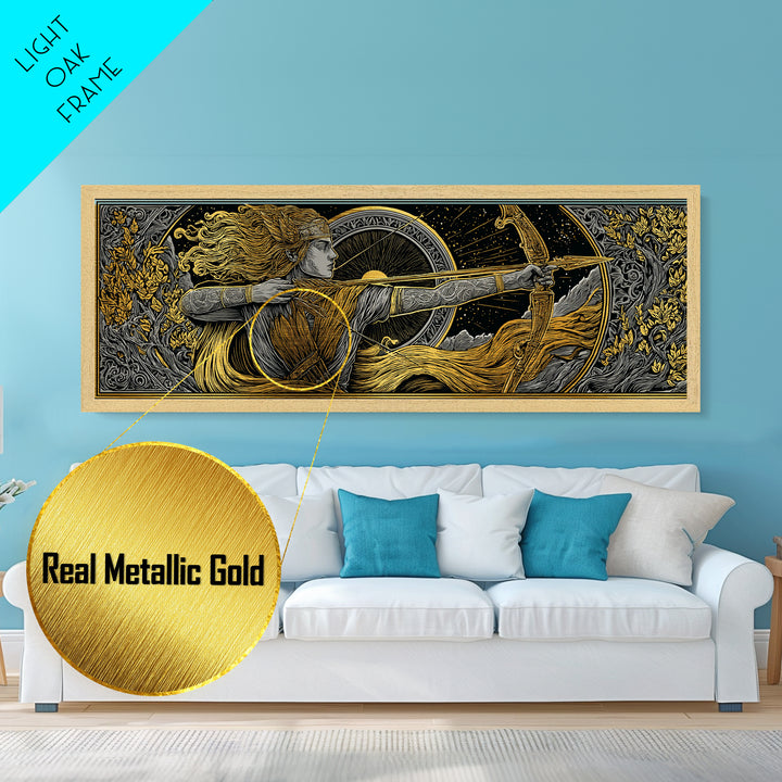 Greek Goddess Artemis With Bow, Mythological Archer Metallic Gold Metal Print, Fantasy Wall Art, Real Wood Frame