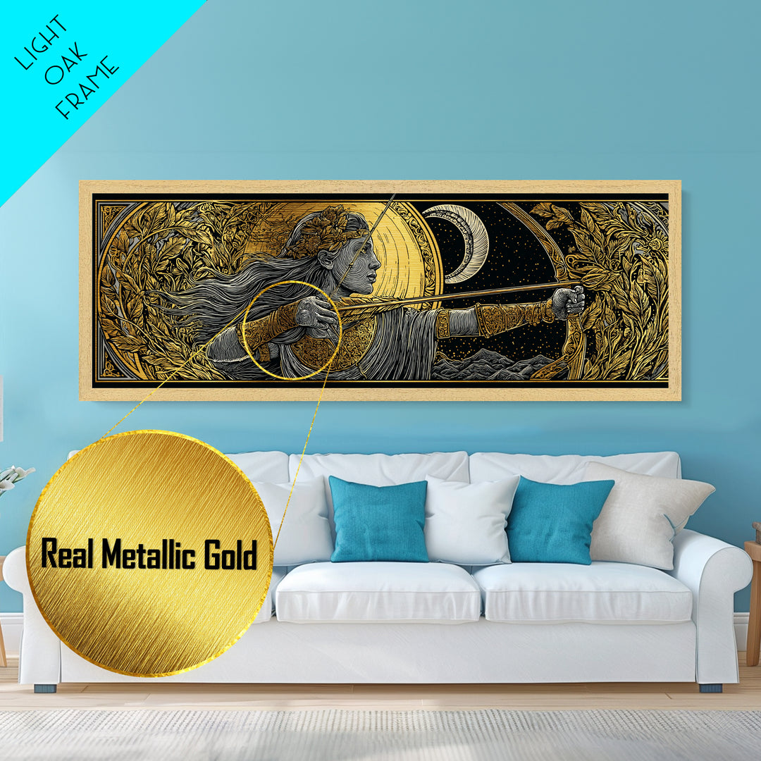 Artemis Moon Goddess Archer, Mythology Inspired Metallic Gold Metal Print, Greek Goddess Wall Art, Real Wood Frame
