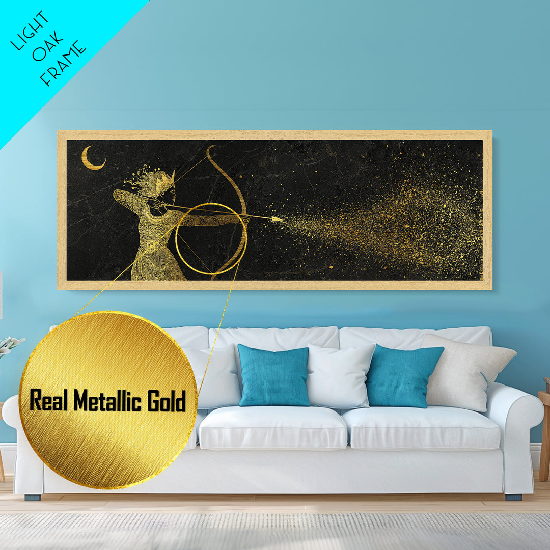 Celestial Artemis Shooting Stars, Ancient Greek Goddess Metallic Gold Metal Print, Mythology Wall Art, Real Wood Frame