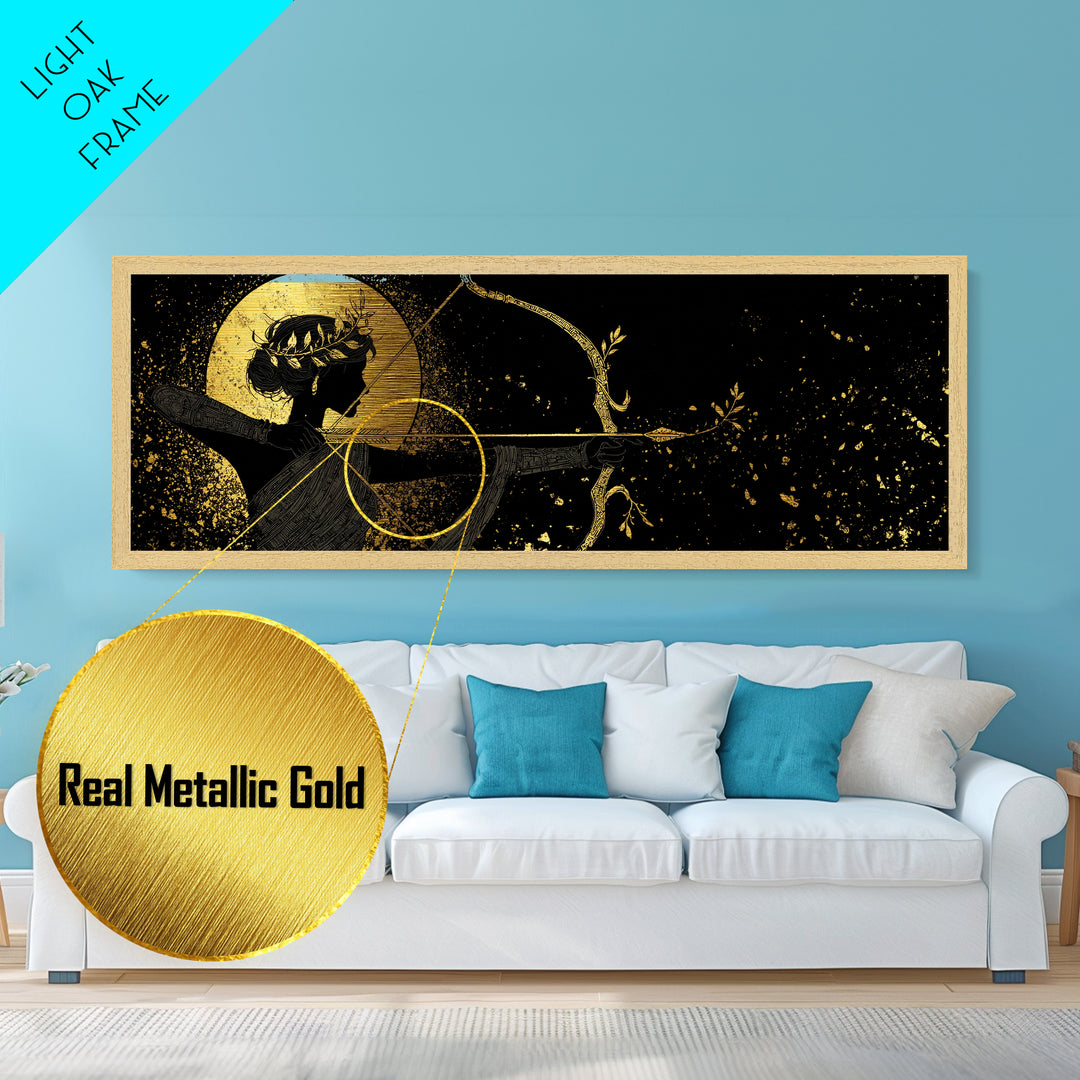 Divine Artemis With Bow And Moon, Mythology Inspired Metallic Gold Metal Print, Goddess Wall Art, Real Wood Frame