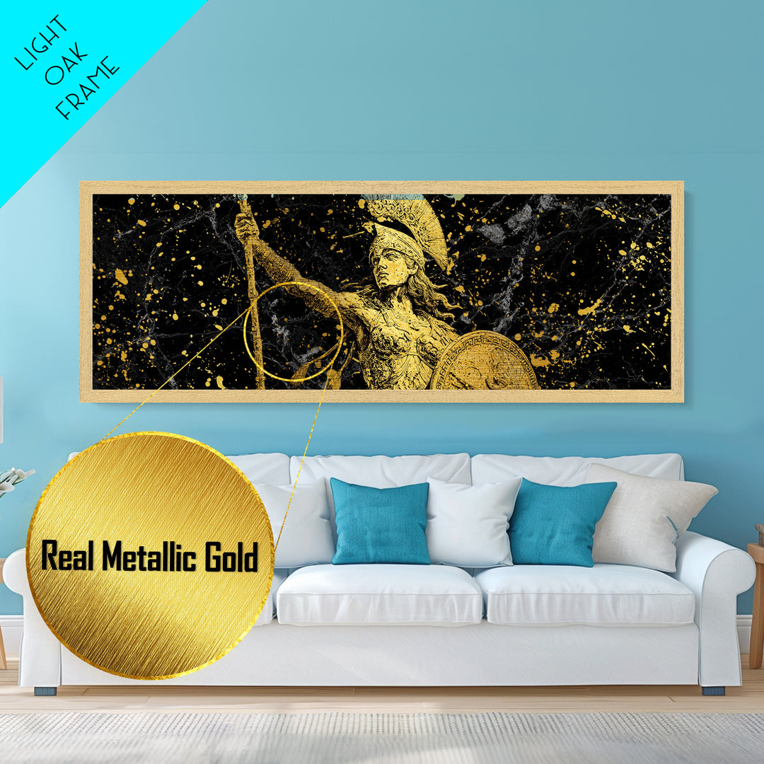 Athena Goddess Of Wisdom And War, Ancient Greek Metallic Gold Metal Print, Mythology Warrior Wall Art, Real Wood Frame
