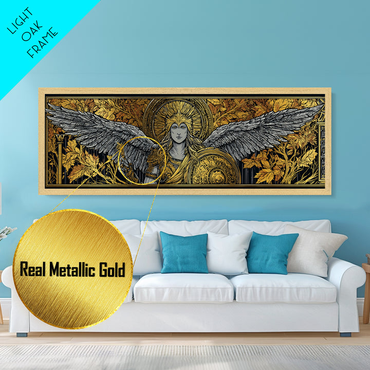 Athena With Wings And Shield, Ancient Greek Goddess Metallic Gold Metal Print, Mythology Warrior Wall Art, Real Wood Frame