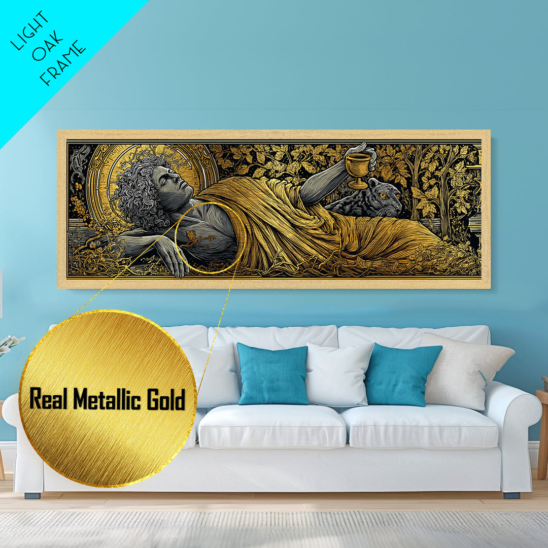 Dionysus God Of Wine And Festivity, Ancient Greek Metallic Gold Metal Print, Mythology Celebration Wall Art, Real Wood Frame