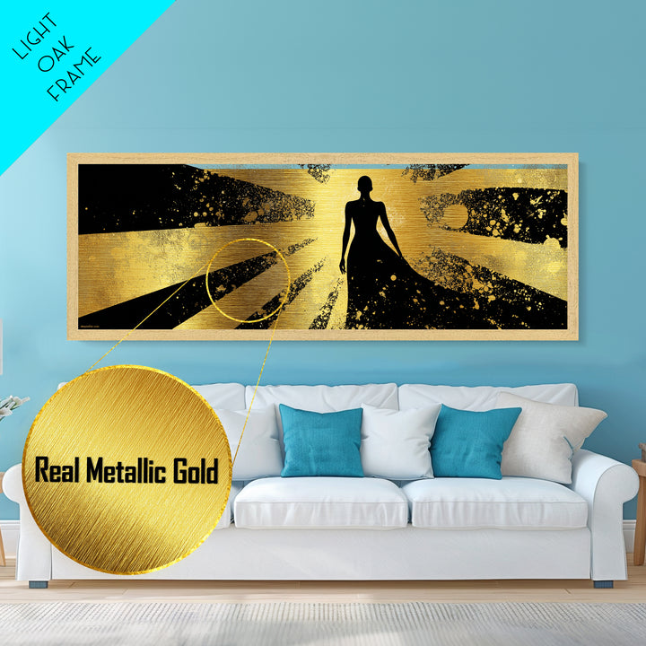 Divine Goddess Silhouette, Radiant Light Rays Wall Decor, Metallic Gold Metal Print, Luxury Mythology Art, Real Wood Frame