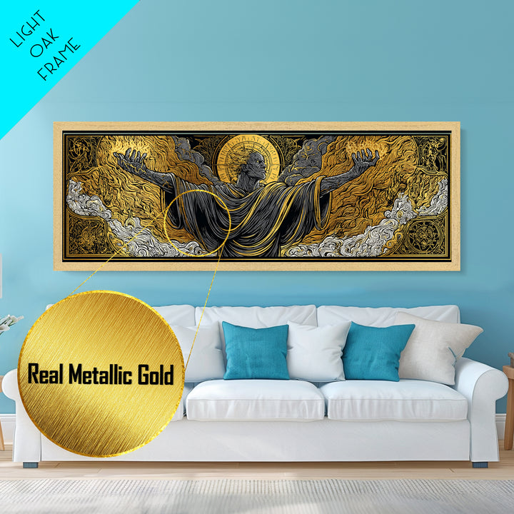 Ancient Titan With Flames, Mythology God Wall Art, Metallic Gold Metal Print, Dramatic Greek Decor, Real Wood Frame