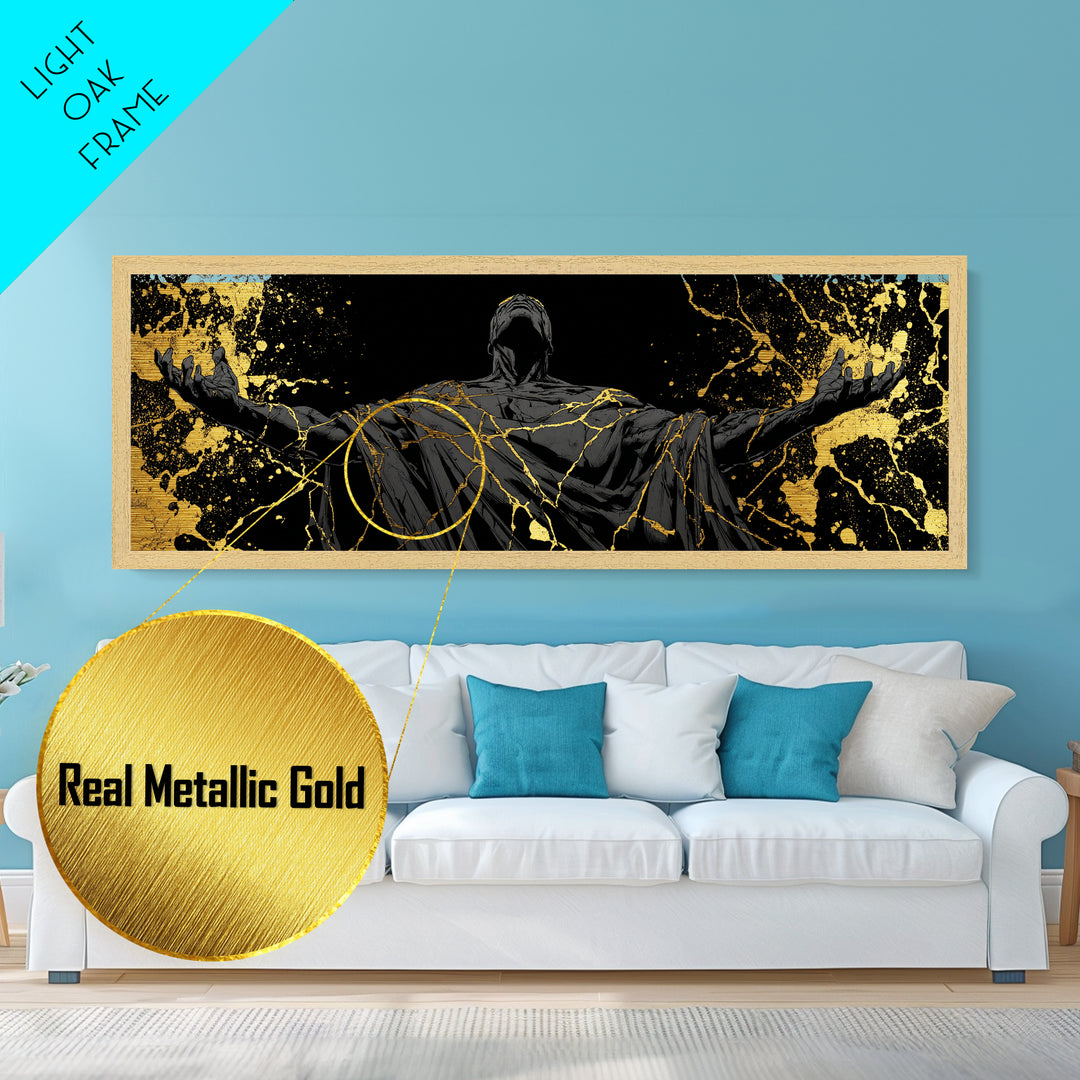 Broken God Kintsugi Style, Abstract Mythology Figure, Metallic Gold Metal Print, Elegant Modern Wall Art, Real Wood Frame
