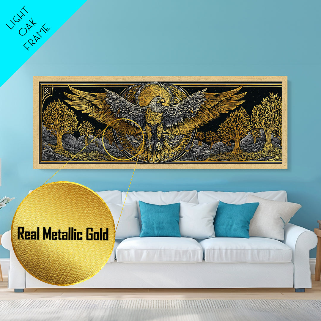 Eagle With Outstretched Wings, Mythology Bird Wall Decor, Metallic Gold Metal Print, Symbolic Strength Art, Real Wood Frame