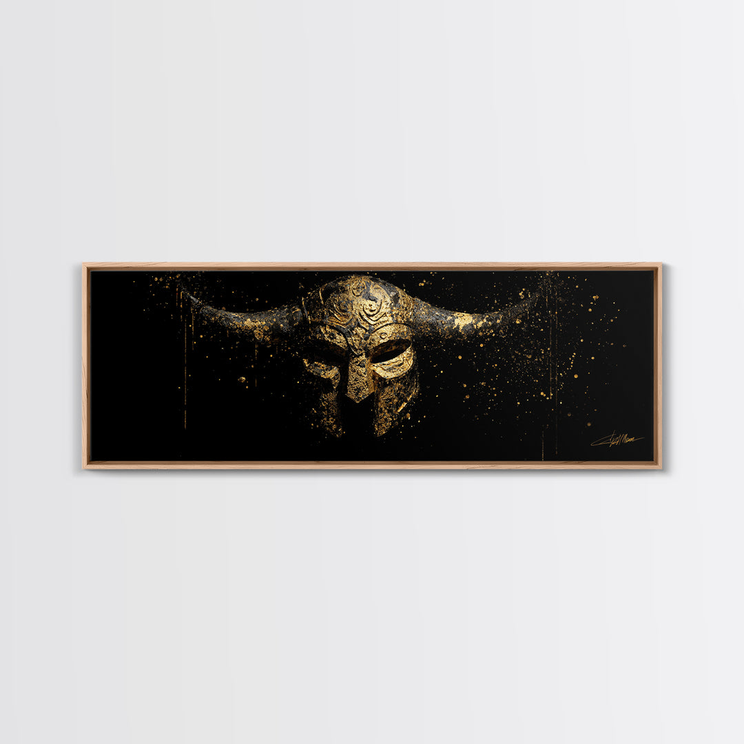 Warrior Viking Helmet, Norse Mythology Wall Art, Gold Canvas Print, Dramatic Historical Decor, Real Wood Frame