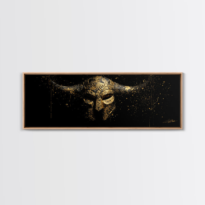 Warrior Viking Helmet, Norse Mythology Wall Art, Gold Canvas Print, Dramatic Historical Decor, Real Wood Frame