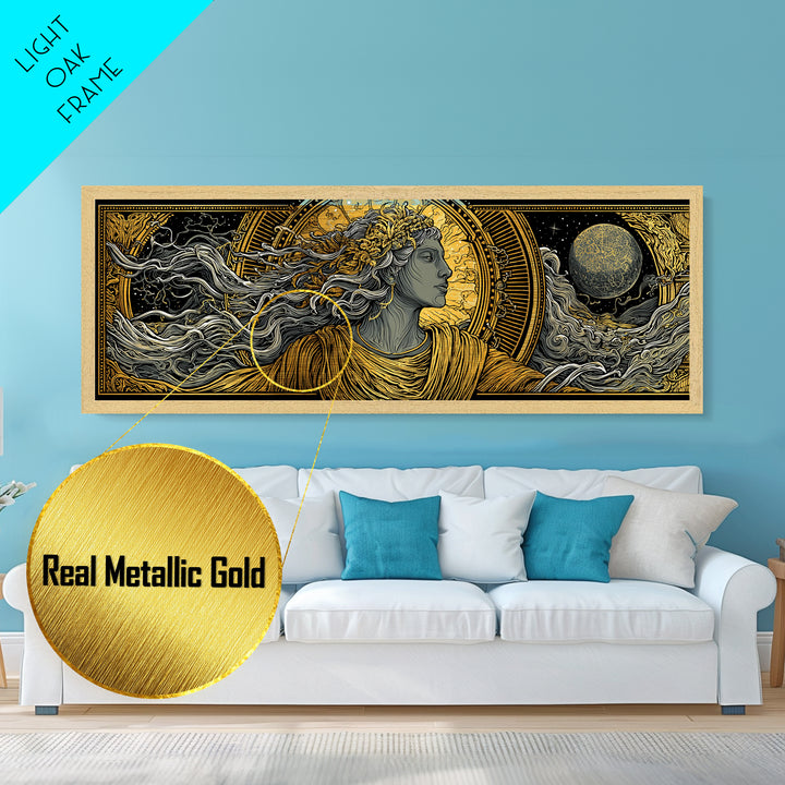 Solar Goddess With Moon, Celestial Mythology Wall Art, Metallic Gold Metal Print, Elegant Greek Inspired Decor, Real Wood Frame