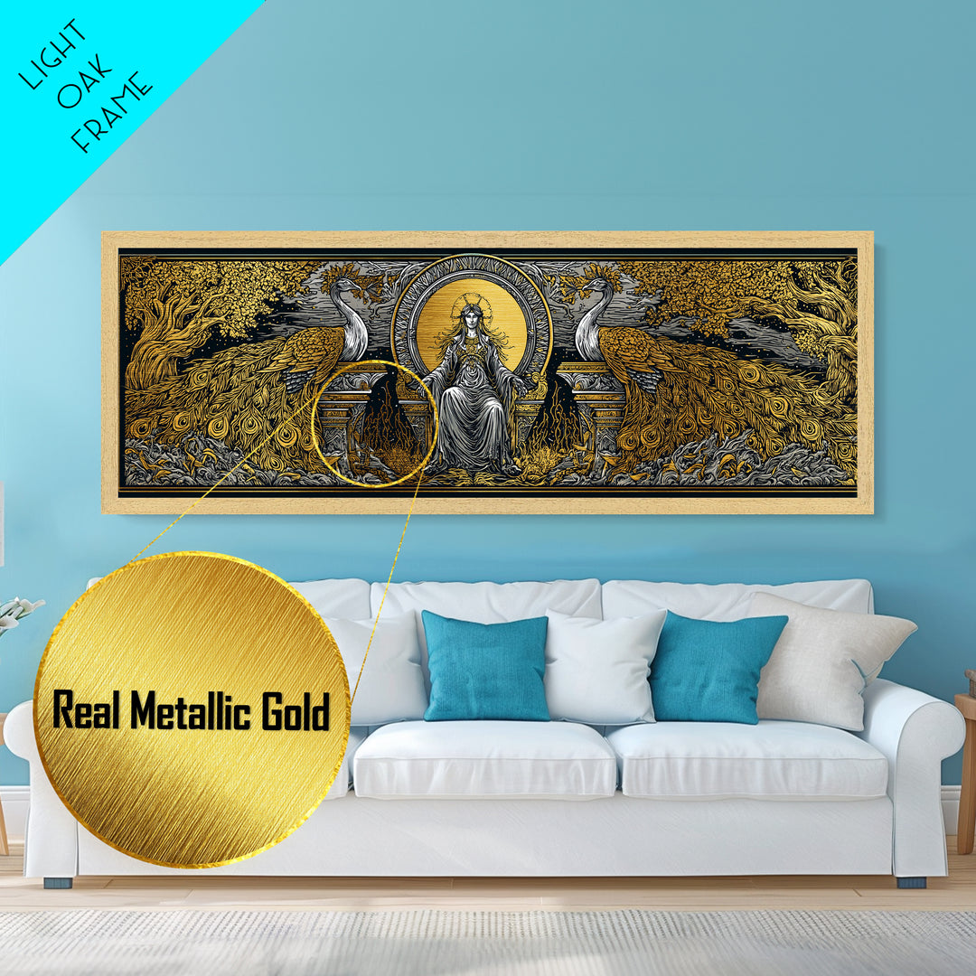 Queen Goddess With Peacocks, Mythology Regal Wall Art, Metallic Gold Metal Print, Luxurious Divine Decor, Real Wood Frame