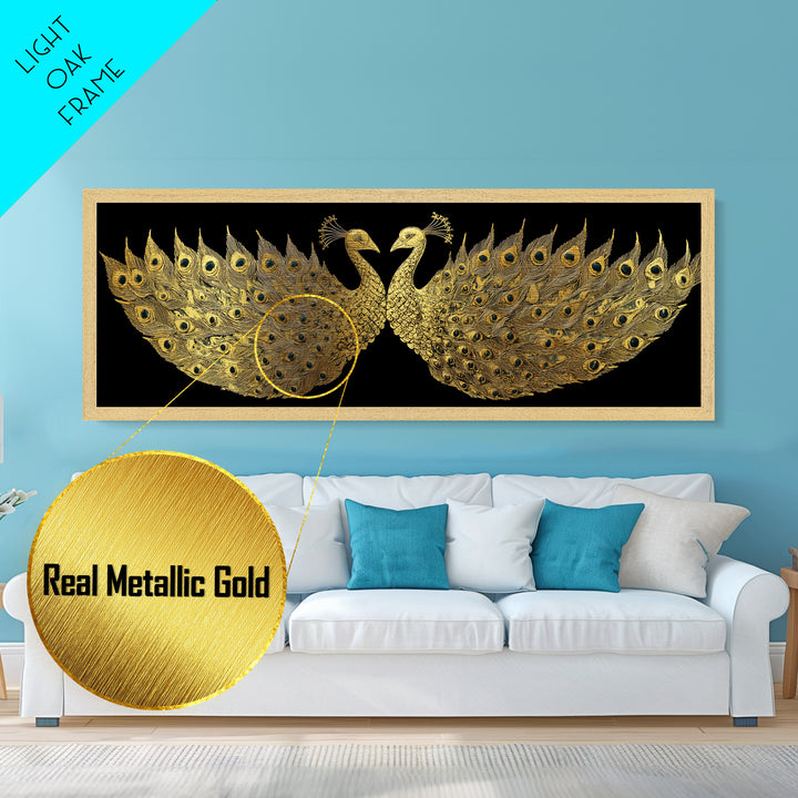 Twin Peacock Feathers, Elegant Bird Wall Decor, Metallic Gold Metal Print, Symbolic Decorative Art, Real Wood Frame
