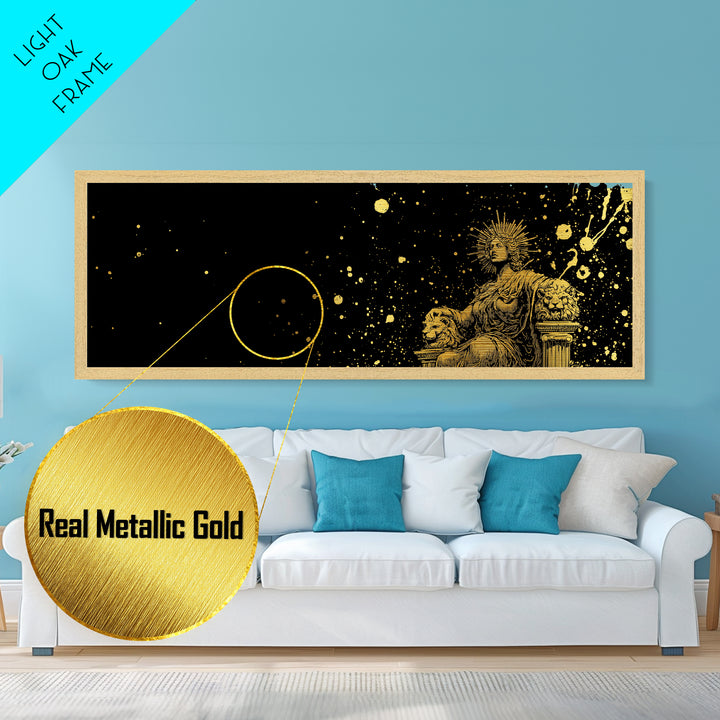 Celestial Goddess On Throne, Mythology Divine Wall Decor, Metallic Gold Metal Print, Cosmic Starry Art, Real Wood Frame