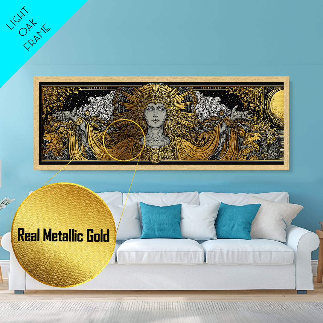Hera Goddess Metallic Gold Metal Print, Greek Mythology Wall Art, Regal Woman Illustration, Real Wood Frame, Luxury Home Decor