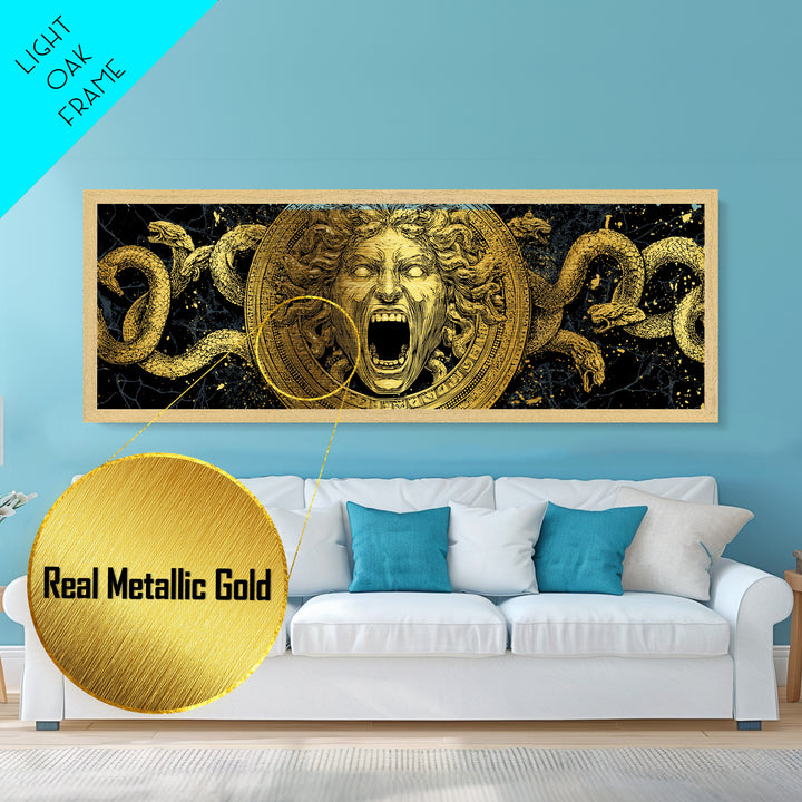 Medusa Metallic Gold Metal Print, Mythology Wall Art, Serpent Hair Gorgon Illustration, Greek Goddess Decor, Real Wood Frame, Luxury