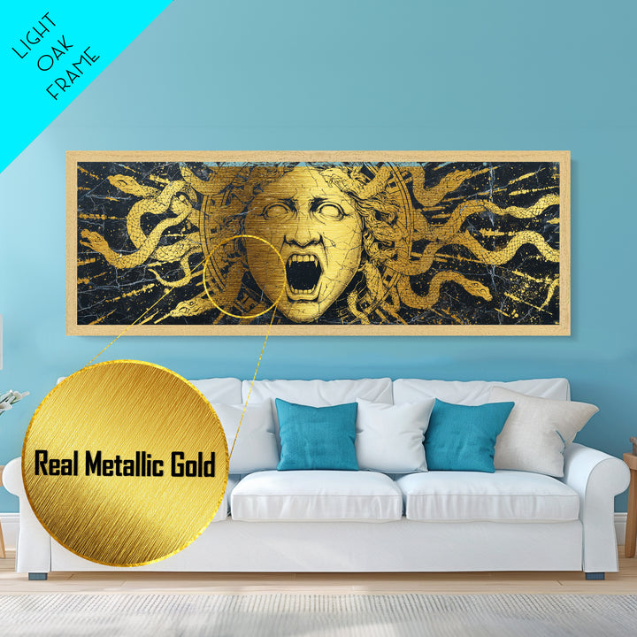 Medusa Serpent Metallic Gold Metal Print, Greek Mythology Wall Art, Gorgon Face Illustration, Real Wood Frame, Unique Statement Decor