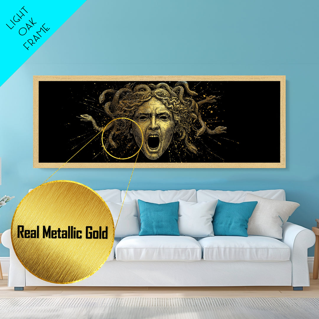 Medusa Head Metallic Gold Art, Greek Mythological Gorgon Wall Print, Snake Hair Woman Illustration, Real Wood Frame, Bold Luxury Decor
