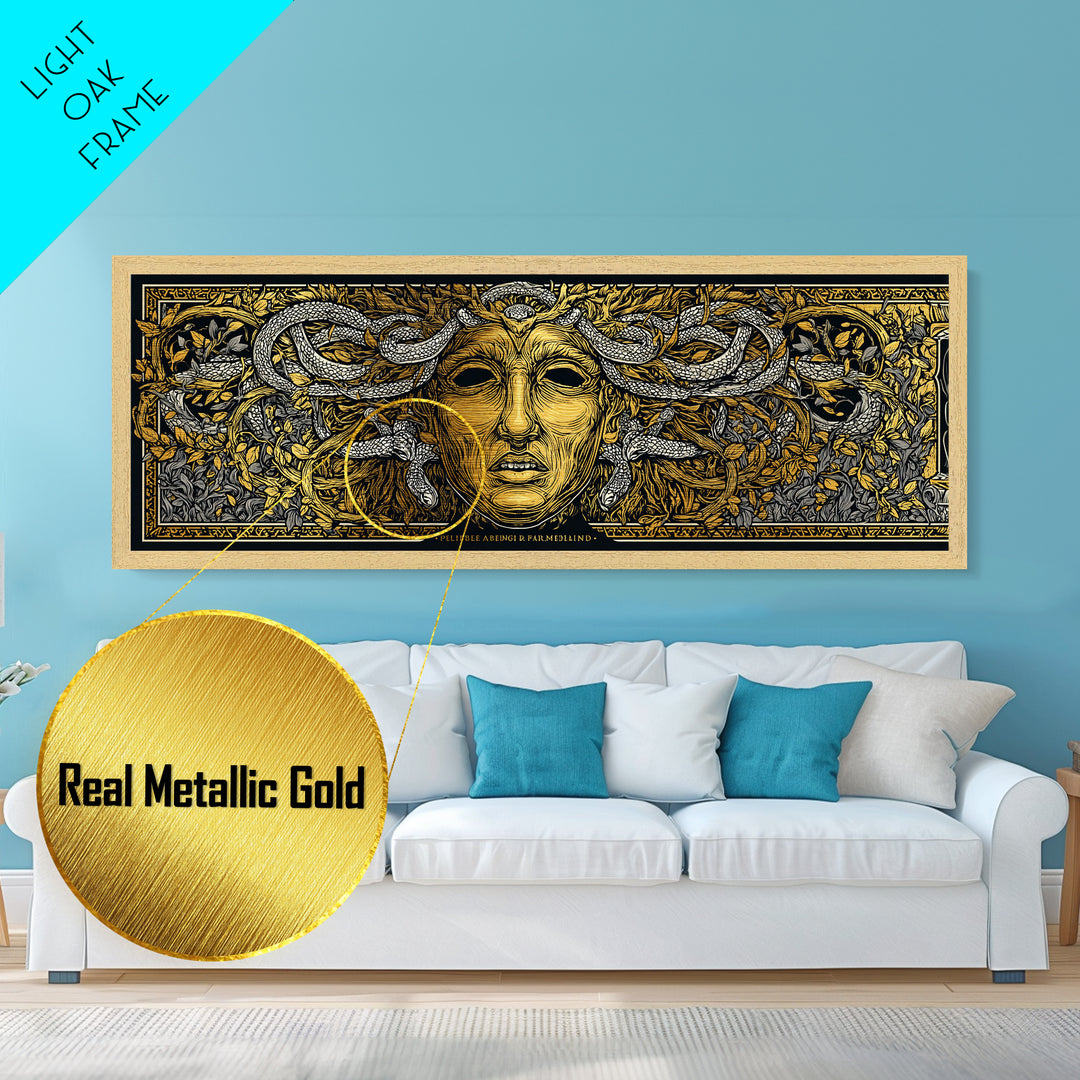 Medusa Myth Metallic Gold Metal Print, Snake Goddess Wall Art, Ancient Greek Gorgon Illustration, Real Wood Frame, Dramatic Luxury Decor