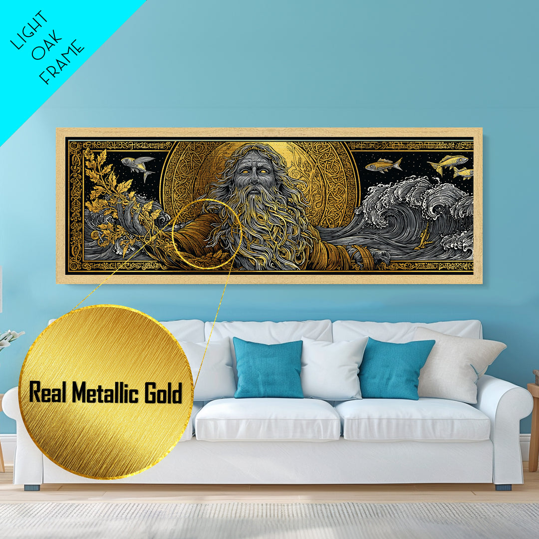 Oceanus Metallic Gold Metal Print, Greek Titan Of The Sea, Mythology Wall Art, Flowing Waves Illustration, Real Wood Frame, Ocean Decor