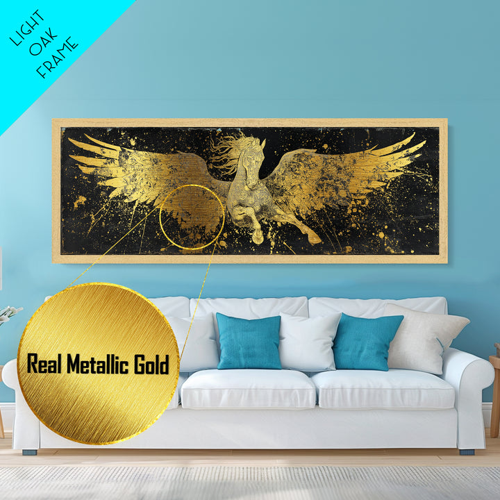 Pegasus Flying Metallic Gold Metal Print, Greek Mythology Horse Wall Art, Real Wood Frame, Luxury Decorative Artwork