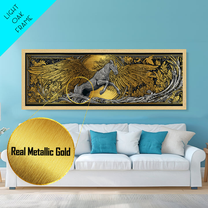 Pegasus Rising Metallic Gold Metal Print, Mythological Horse Wall Art, Real Wood Frame, Luxury Collectible Decorative Art