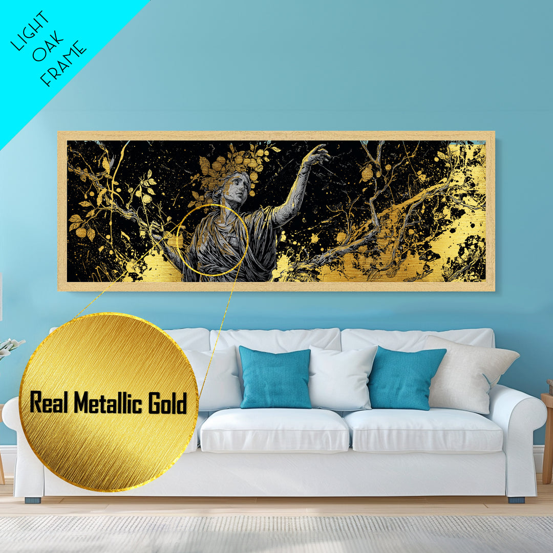 Persephone Harvest Metallic Gold Metal Print, Goddess Wall Art, Real Wood Frame, Mythology Artwork For Home Or Office