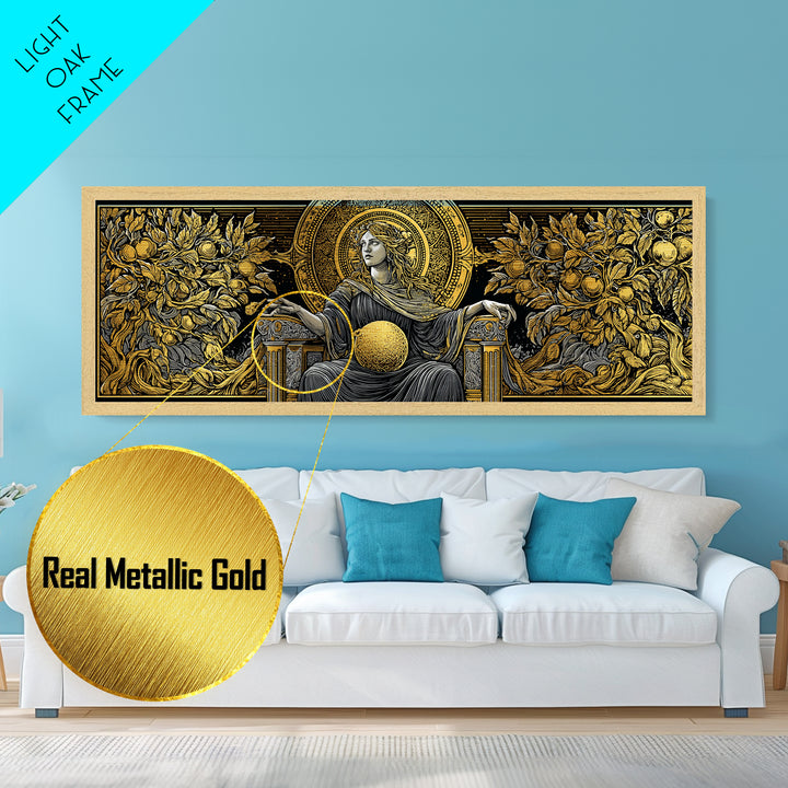 Persephone Throne Metallic Gold Metal Print, Goddess Of Spring Wall Art, Real Wood Frame, Mythology Artwork For Decor