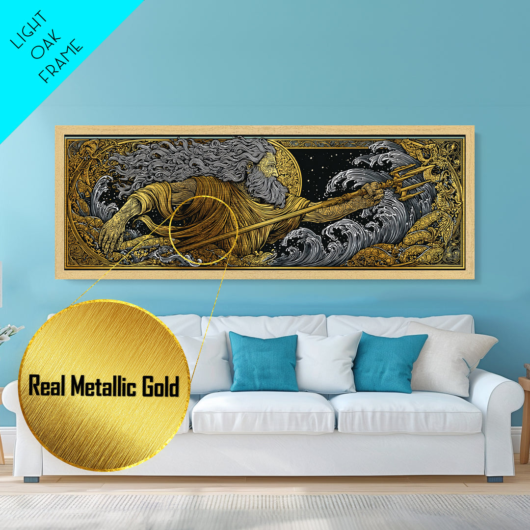 Poseidon Wields Metallic Gold Metal Print, Sea God Wall Art, Real Wood Frame, Mythological Ocean Artwork For Home Decor