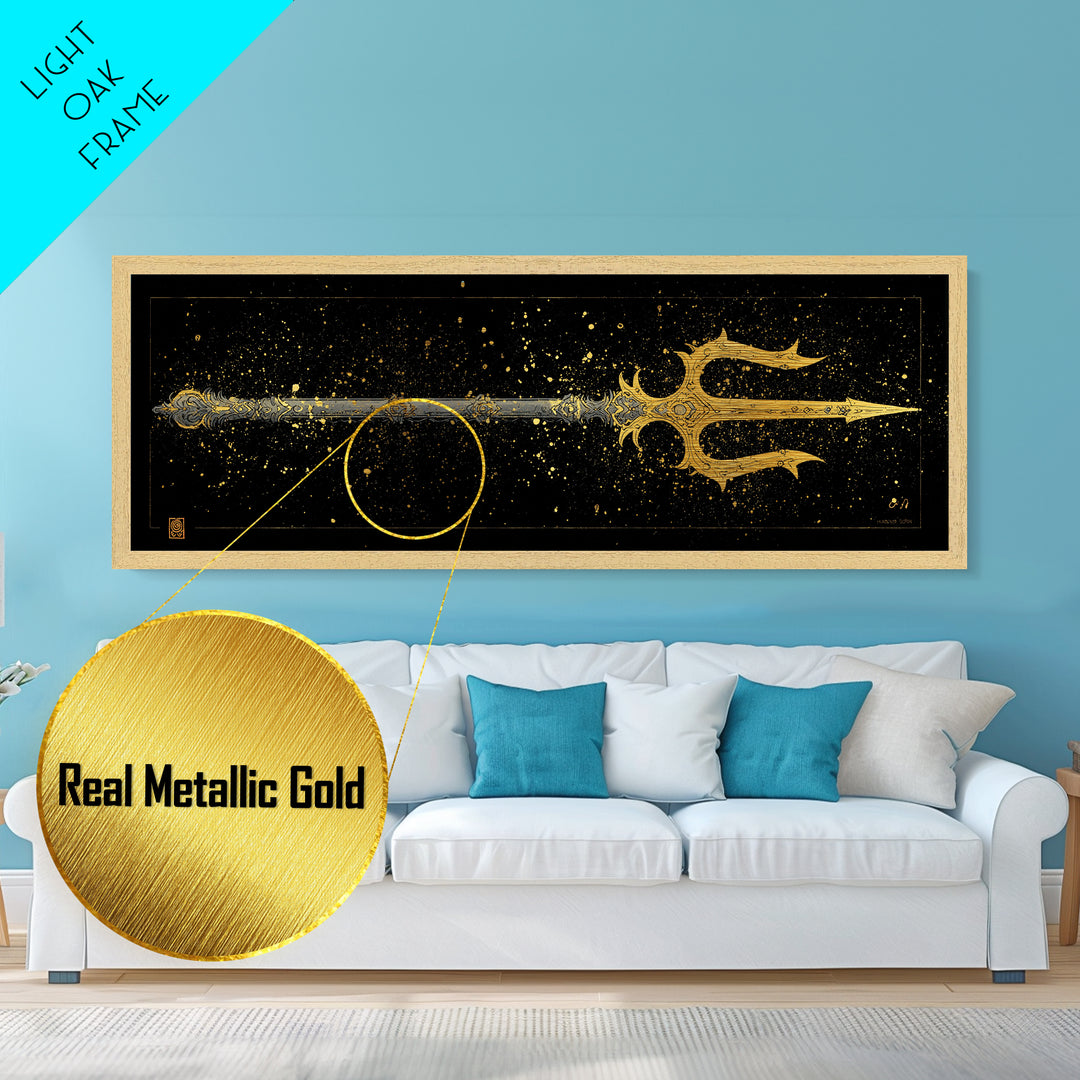 Poseidon Trident Metallic Gold Metal Print, Mythology Wall Art, Real Wood Frame, Sea God Artwork For Home Or Office Decor