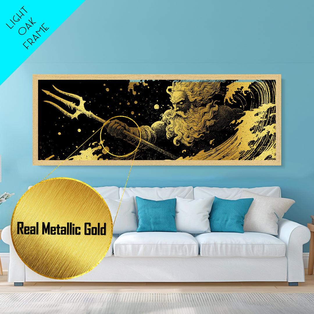 Poseidon Waves Metallic Gold Metal Print, Mythological Sea God Wall Art, Real Wood Frame, Luxury Decorative Greek Artwork