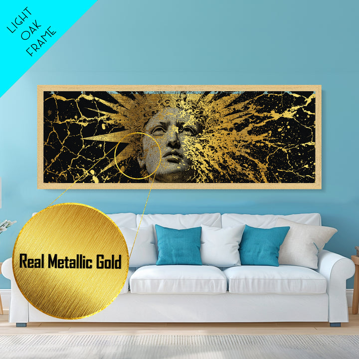 Prometheus Sunburst Bust Metallic Gold Metal Print, Greek Statue Inspired Wall Art, Real Wood Frame, Elegant Mythology Artwork