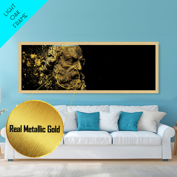 Socrates Bust Metallic Gold Art, Greek Philosopher Metal Print, Classical Statue Inspired Artwork, Real Wood Frame Wall Decor