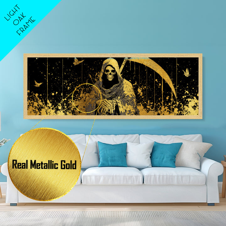 Thanatos Grim Reaper Metallic Gold Metal Print, Mythology Inspired Wall Art, Real Wood Framed Metal Artwork, Gothic Home Decor