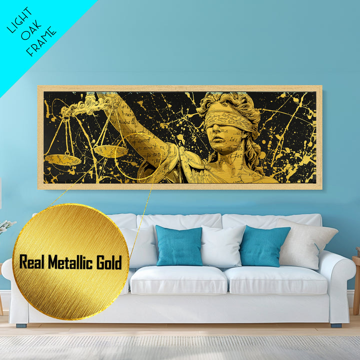 Themis Blind Justice Metallic Gold Art, Greek Goddess Wall Print, Real Wood Frame Metal Print, Law And Justice Statue Artwork