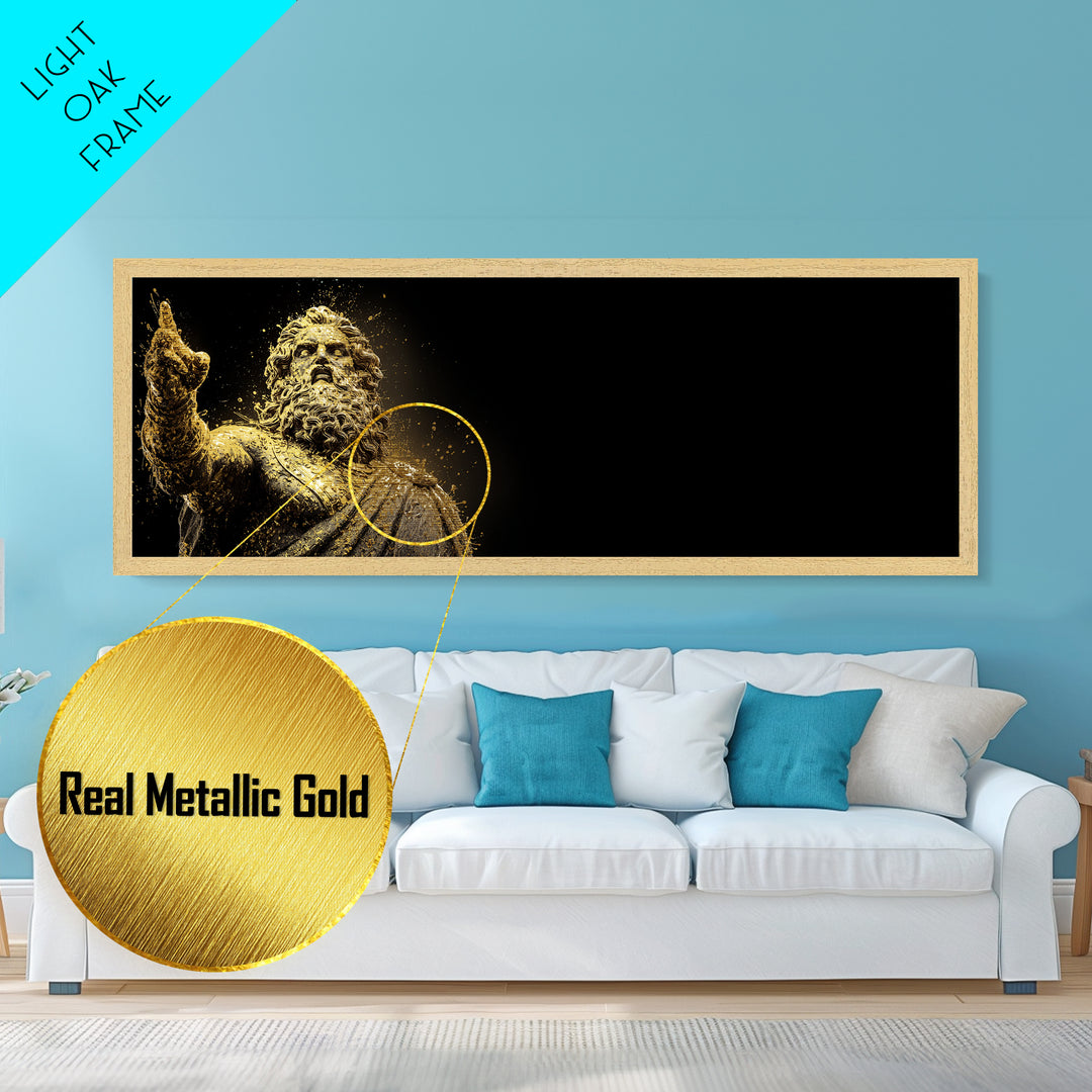 Zeus Statue Metallic Gold Metal Print, Greek God Wall Art, Lightning King Decor, Real Wood Frame Mythology Inspired Artwork