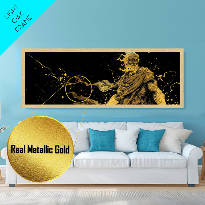 Zeus With Lightning Metallic Gold Art, Greek Mythology Metal Print, Real Wood Frame Decor, Dramatic Wall Artwork For Home