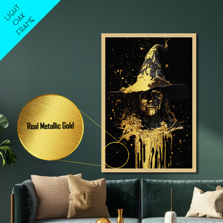 Witch Bust with Dripping Hat in Metallic Gold Art, Spooky Halloween Metal Art with Real Wood Frame, Gothic Witch Wall Decor