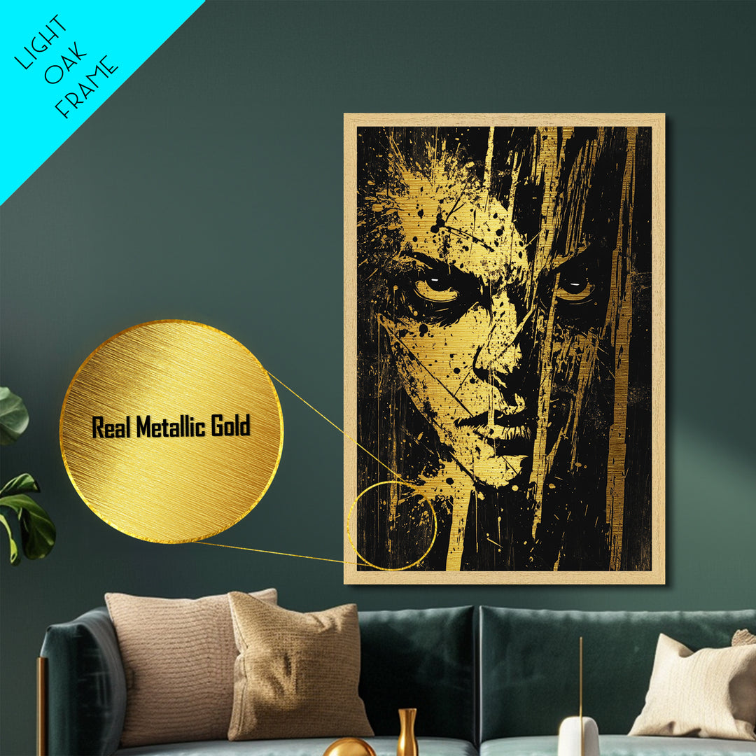 Intense Spooky Face in Splatter Style – Metallic Gold Art, Halloween Metal Art with Real Wood Frame, Gothic Horror Wall Print