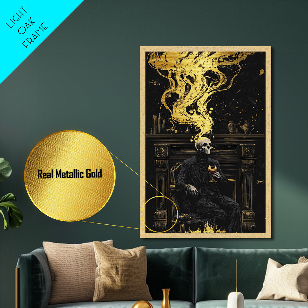 Skull Gentleman Metallic Gold Art, Haunted Gothic Horror Metal Art With Natural Wood Frame, Spooky Halloween Macabre Wall Art