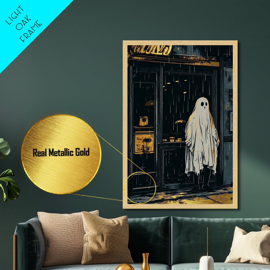 Haunted Ghost in the Rain Metallic Gold Art Metal Art Spooky Season Wall Decor Framed in Natural Wood Gothic Halloween Print
