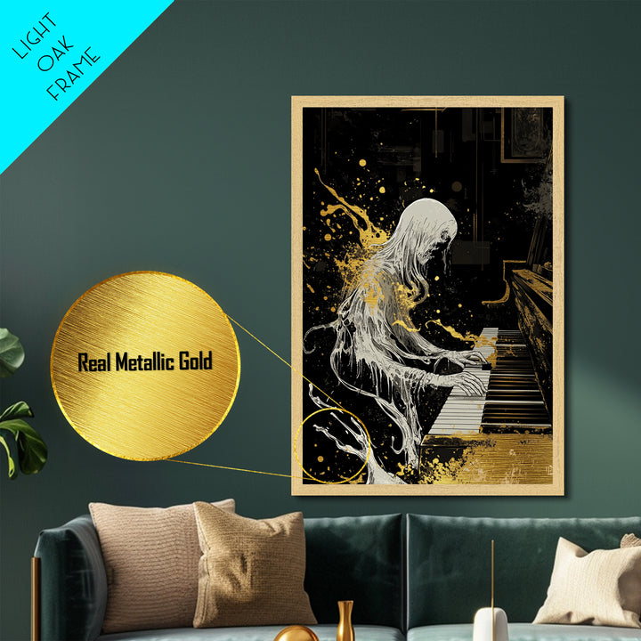 Gothic Spirit Playing Piano Metallic Gold Art Metal Art Horror Inspired Halloween Wall Decor with Real Wood Frame Creepy Gift