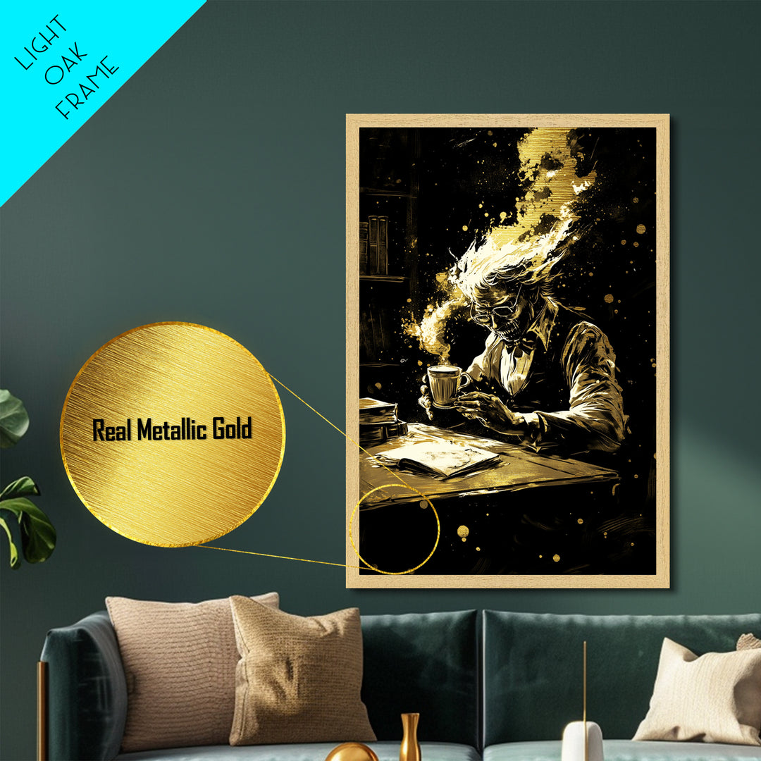 Dark Academia Coffee Skeleton Metallic Gold Art Metal Art Haunted Gothic Wall Decor Framed in Solid Wood Spooky Season Artwork