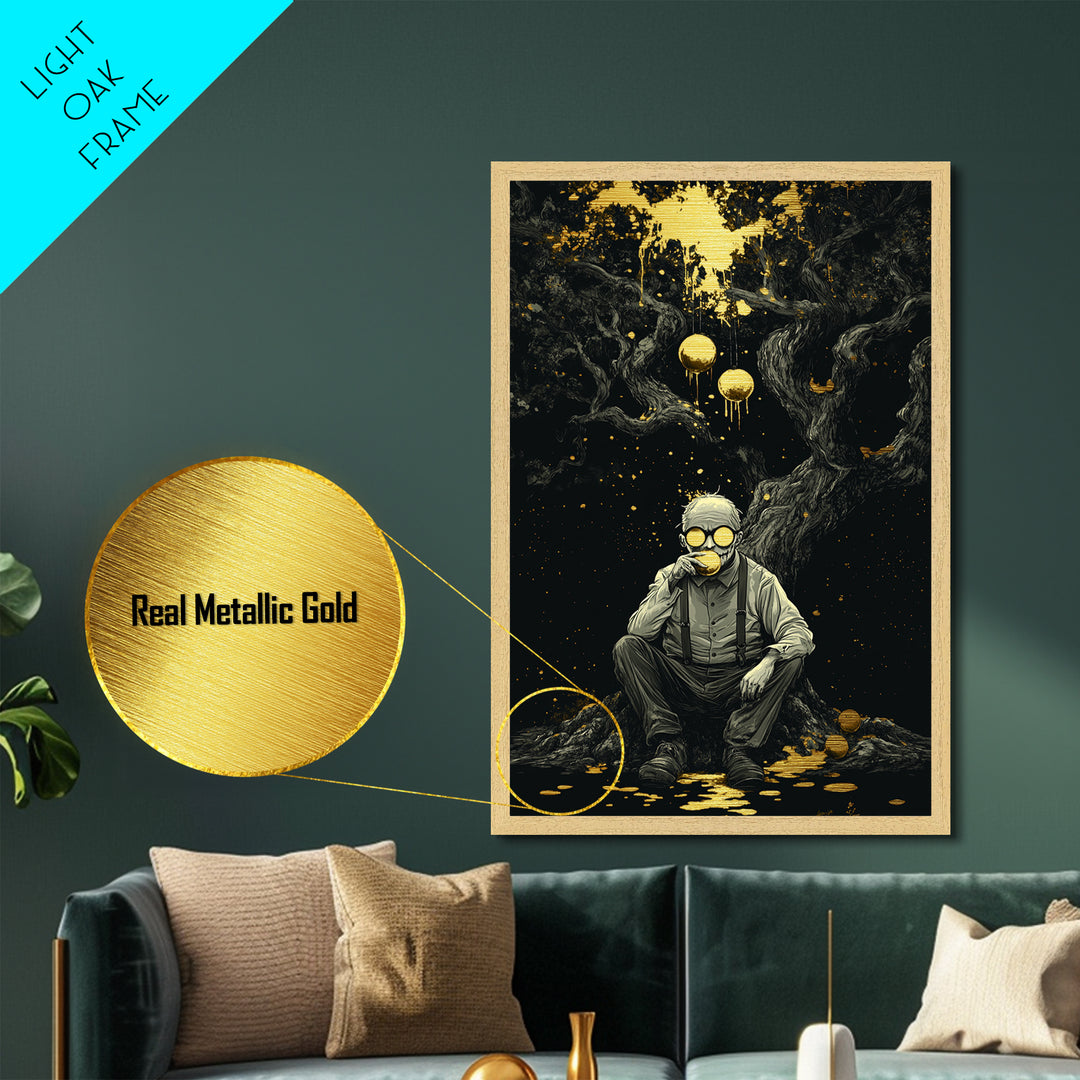 Creepy Orange Grove Metallic Gold Art Metal Art Gothic Halloween Wall Art with Natural Wood Frame Spooky Haunted Forest Print
