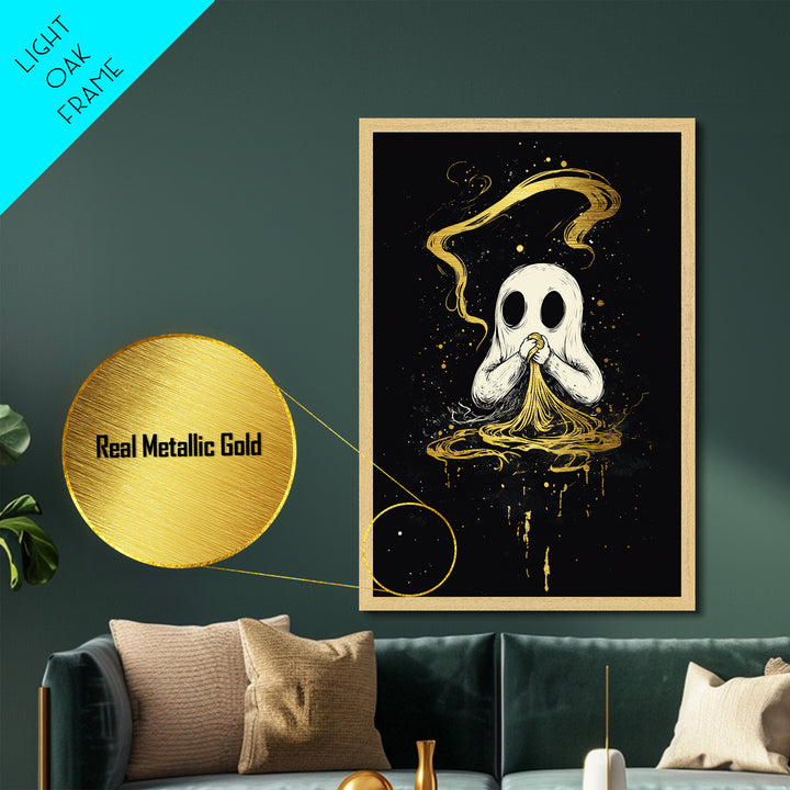 Ghost Eating Pasta Metallic Gold Art Metal Art Spooky Cute Halloween Wall Decor Framed in Real Wood Haunted Kitchen Wall Print